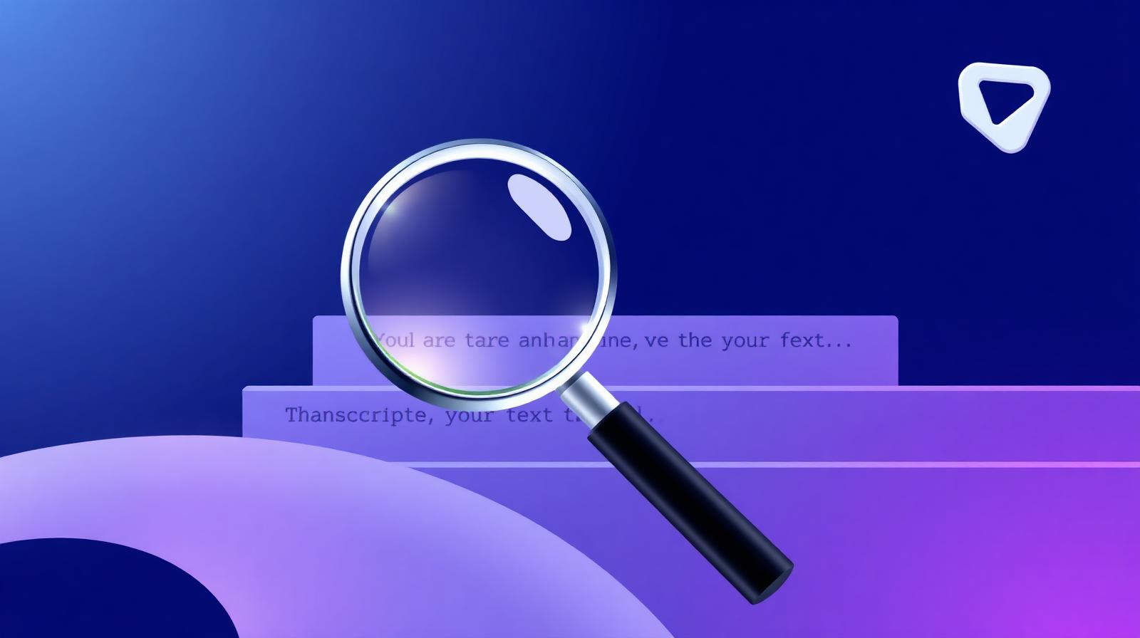Magnifying glass examining a YouTube transcript with timestamps — illustration of how Transcriptifyyt extracts and searches captions.